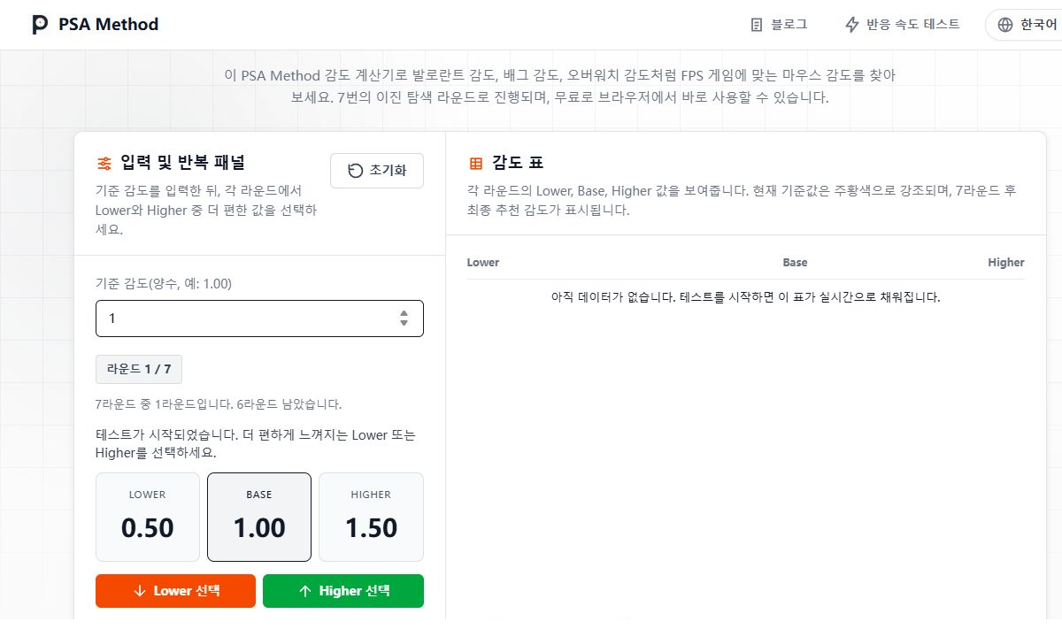 PSA Method Calculator showing round 1 lower, base, and higher sensitivity values in Korean